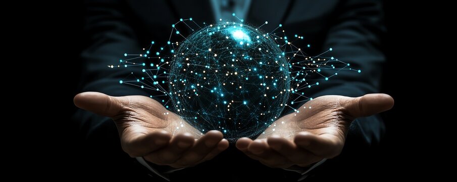 Businessman with a holographic earth globe in his hands, connected to digital global business networks, symbolizing international trade, financial markets, and economic connections