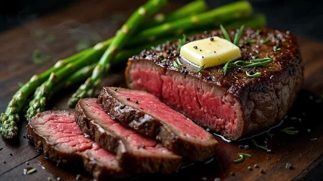 Filete de res a la parrilla con esp&aacute;rragos y mantequilla