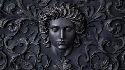 Fototapeta premium Medusa Motif With Baroque Floral Swirls in Metallic Silver Sculpture
