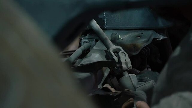 young mechanic repairs and installs an old gray car after a road accident (157)