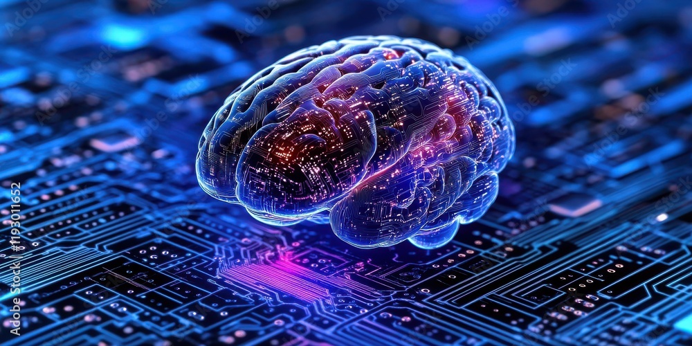 Poster futuristic representation of human brain on abstract technology circuit background emphasizing neura