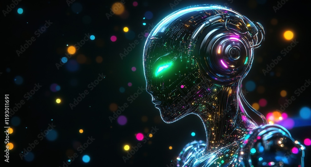 Poster futuristic robot with neon lights and glowing eyes against a colorful background in a high-tech digi