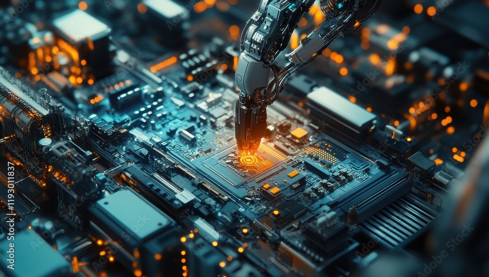 Poster futuristic robotic arm interacting with circuit board, showcasing advanced technology and innovation