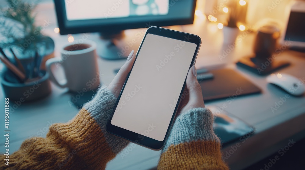 Poster a smartphone with a blank display held in a workspace with a desktop screen and a cozy beverage.