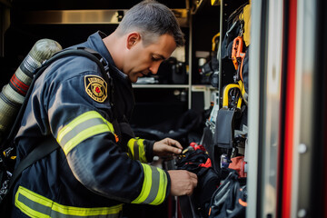 Obraz premium A dedicated firefighter is meticulously preparing their gear for an emergency response situation. Generative AI