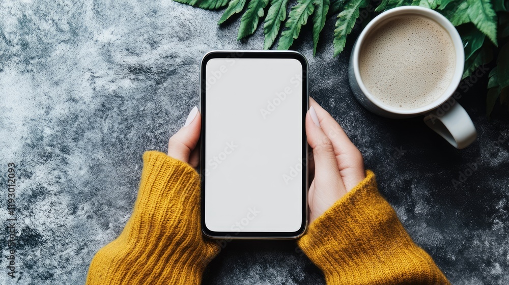 Poster a smartphone with a blank display held in a workspace with a desktop screen and a cozy beverage.