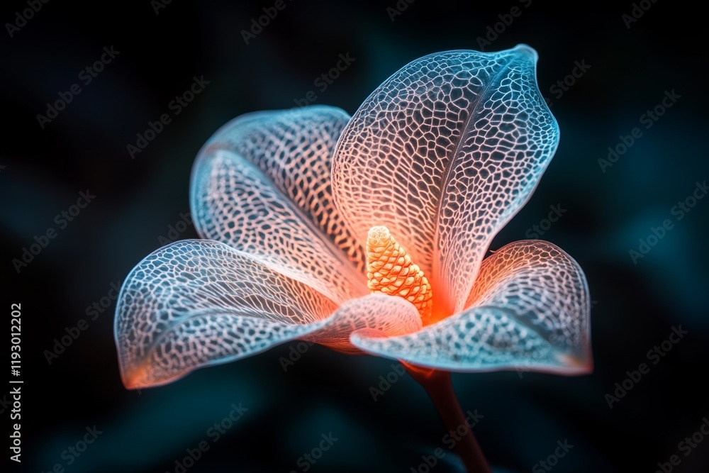 Poster a single glowing flower petal under uv light, with delicate patterns and textures standing out vivid