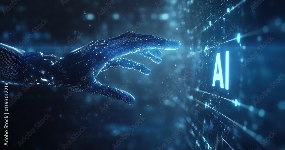 Poster futuristic robotic hand reaching towards glowing ai text in a digital environment, symbolizing advan
