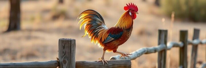 Fototapeta premium A proud rooster paces back and forth on a wooden fence post, its vibrant feathers glowing in the morning light as it prepares to greet the new day, plumage, farm, background