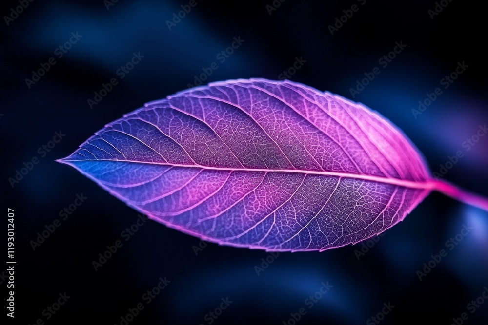 Aufkleber a single glowing leaf under uv light, with intricate vein patterns illuminated in stark detail