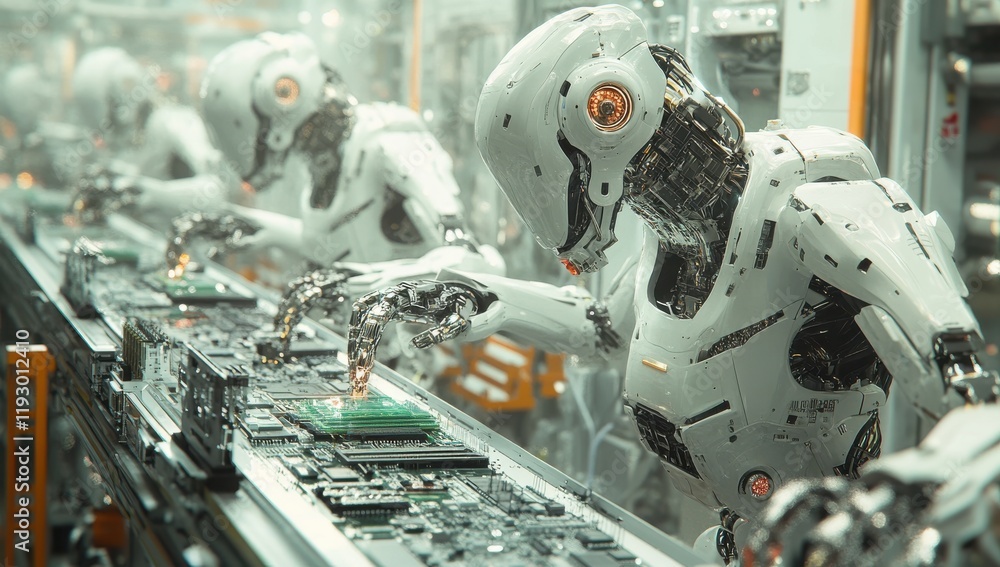 Poster futuristic robots assembling computer components in a high-tech production facility with advanced ma
