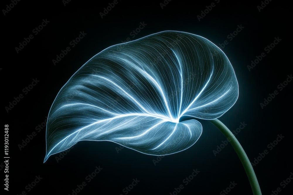 Aufkleber a single glowing leaf under uv light, with intricate vein patterns illuminated in stark detail