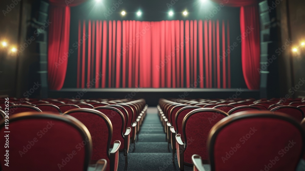 Poster a theater-style seating arrangement in an event hall with a stage at the front.