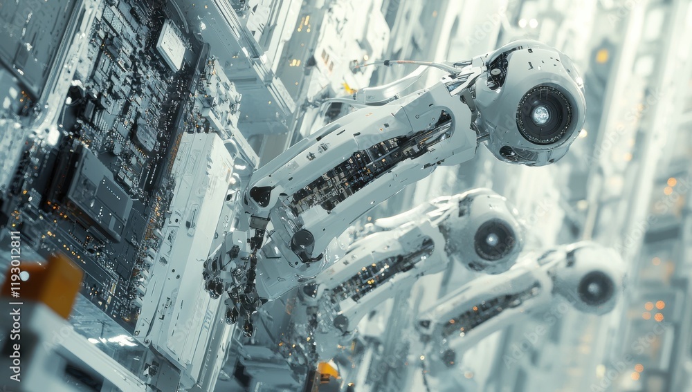 Poster futuristic robots interacting with advanced technology, surrounded by intricate machinery and circui