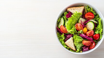 Fresh vegetable salad in bowl with croutons.
