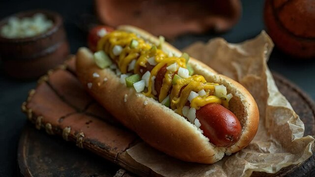 Hot dog con mostaza, cebolla y pepinillos en pan suave