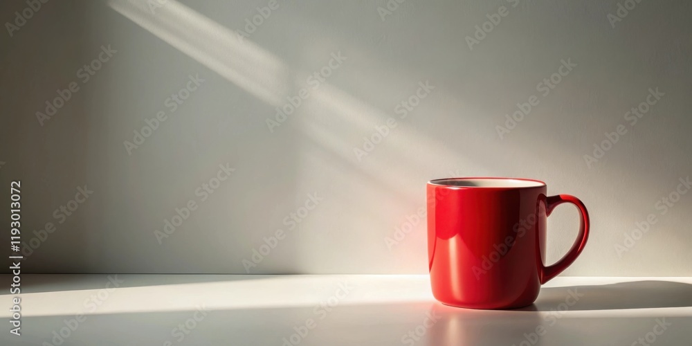Poster a single red mug sits on a white surface, bathed in sunlight streaming through a window.