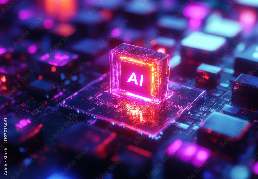 Poster futuristic technology concept featuring glowing ai key on keyboard surrounded by neon lights with a 