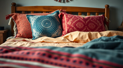 Cozy Bohemian Bedroom Decor: Linen Bedding, Ethnic Pillows, and Relaxed Atmosphere