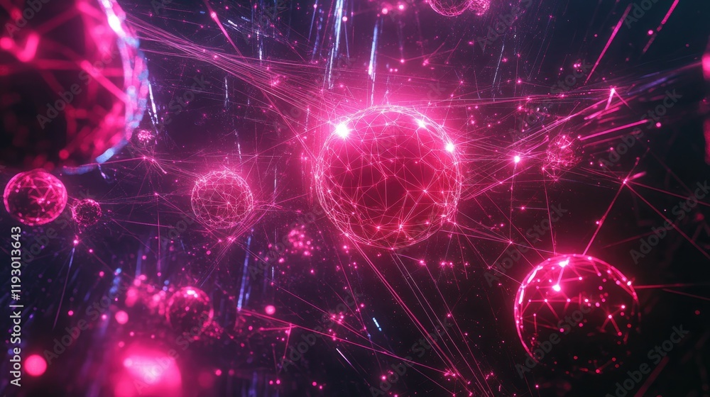 Poster glowing d network spheres interconnected by light trails, perfect for modern app ui visuals.