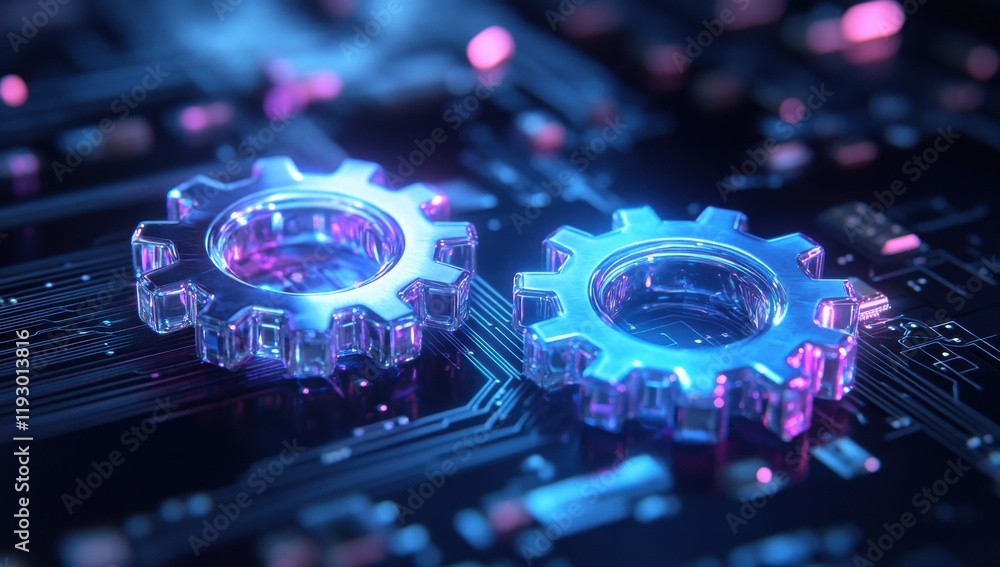 Aufkleber futuristic transparent gears on digital circuit board background with glowing elements ideal for tec