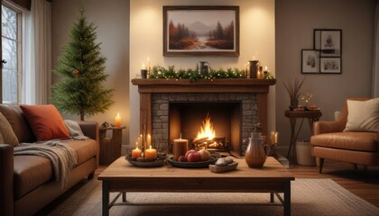 A cozy and inviting living room with a fireplace, evergreen branches, and a bowl of hot cinnamon apple cider on the coffee table, winter warmth, peaceful atmosphere, cozy living room
