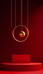 Red background, red podium, geometric shapes, golden elements, minimalist style, 3D rendering, 3D scene, product display platform, circular light and shadow effects