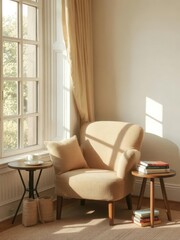A cozy armchair by a window with soft sunlight streaming in, a cup of tea on a side table, and a stack of books waiting to be read, fiction, window, tea