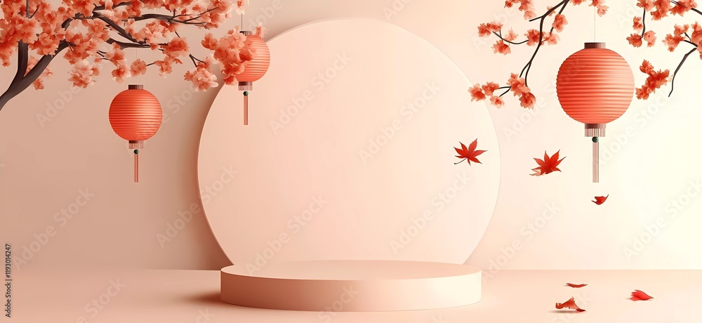 Poster vector background design with a podium for product display presentation in a mid-autumn festival cel