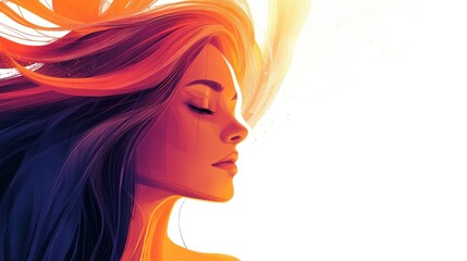 Elegant profile of a woman with flowing hair capturing the essence of beauty and emotion in a vibrant, colorful digital illustration filled with soft gradients and light.
