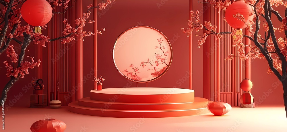 Poster vector background design with a podium for product display presentation in a mid-autumn festival cel