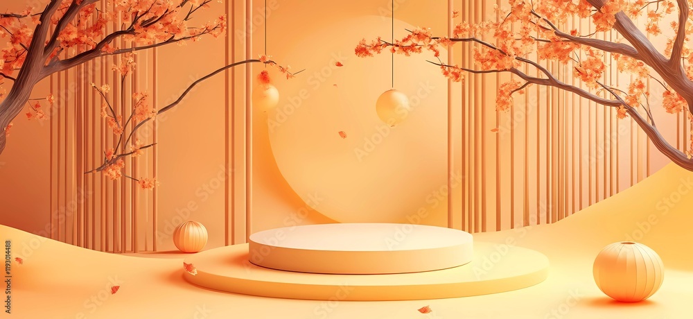 Poster vector background design with a podium for product display presentation in a mid-autumn festival cel