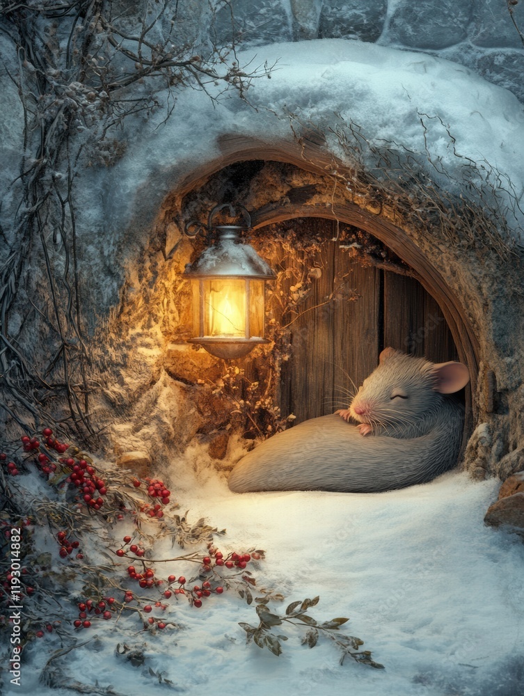 Aufkleber Cozy winter scene with a sleeping mouse nestled in snow near a glowing lantern in a rustic setting. Generative AI