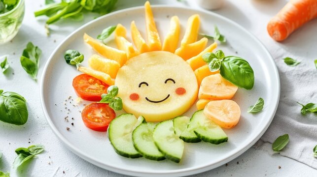 Naklejki Playful Sun-Shaped Fruit and Vegetable Snack Arrangement on Plate