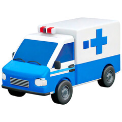 medical ambulance vehicle 3d icon illustration render design, blue and white color scheme,  on a transparent background