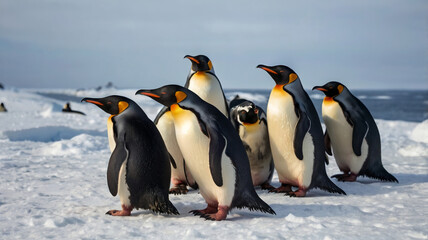 Fototapeta premium Penguins Huddled Together in the Snow