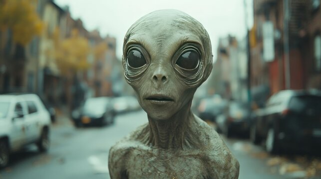 Grey alien standing on city street, looking at camera.