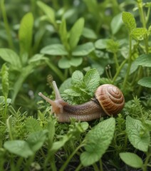 A snail enjoying a crunchy mint leaf in the grass, pest control, fresh mint