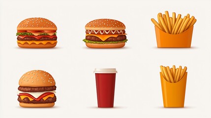 Delicious cheeseburgers, french fries, and soda.