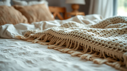 Obraz premium Cozy Knitted Blanket on a Bed: A Relaxing Bedroom Scene