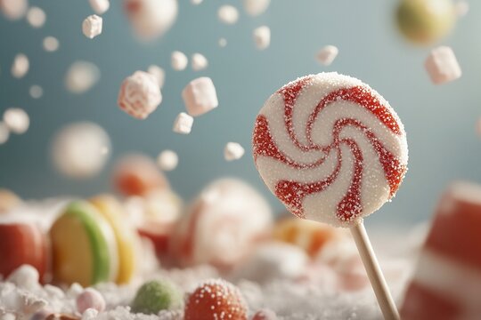 Colorful swirl candy stands out among a festive backdrop of assorted sweets and sugar sprinkles