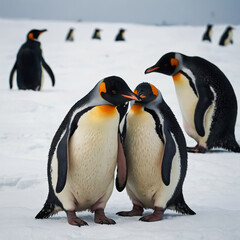 Fototapeta premium Penguins Huddled Together in the Snow