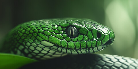 Close-Up of a Vibrant Green Snake