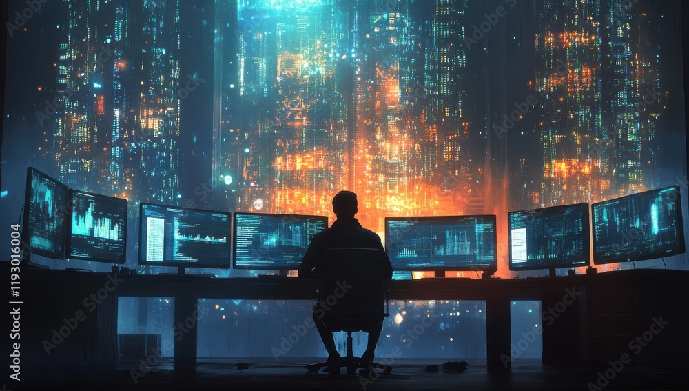 Poster futuristic workspace with multiple monitors displaying data analytics in a neon cityscape during the