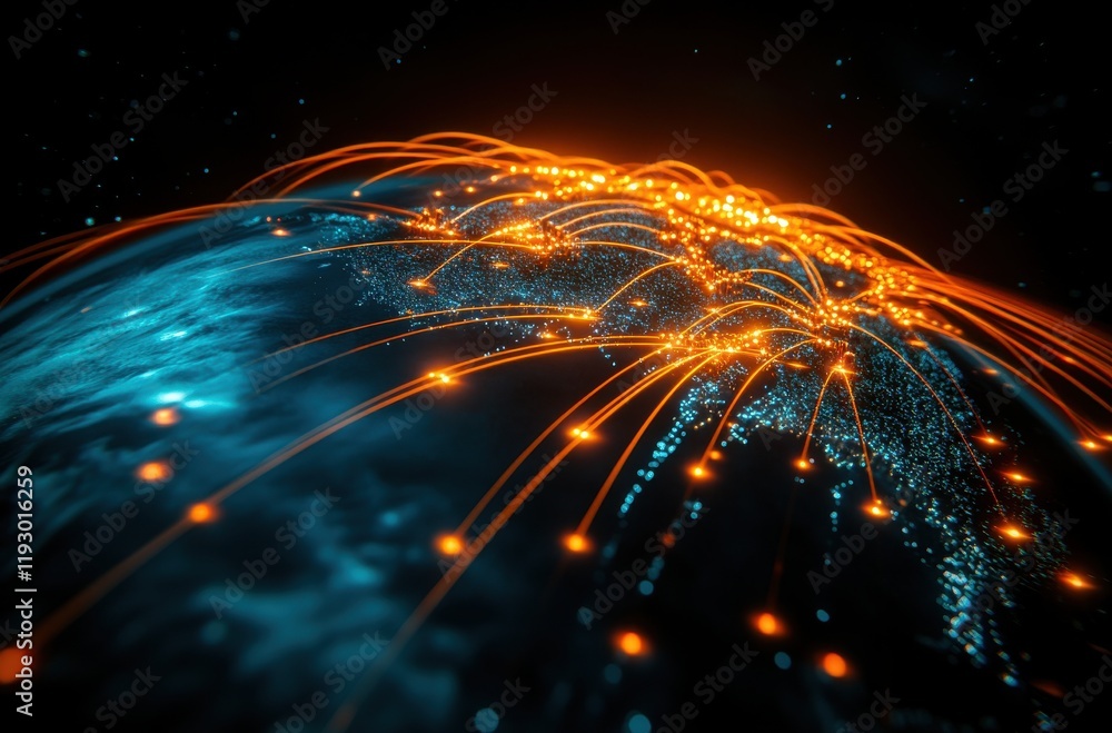 Poster global connectivity concept showing digital data flow and network connections over earth with bright