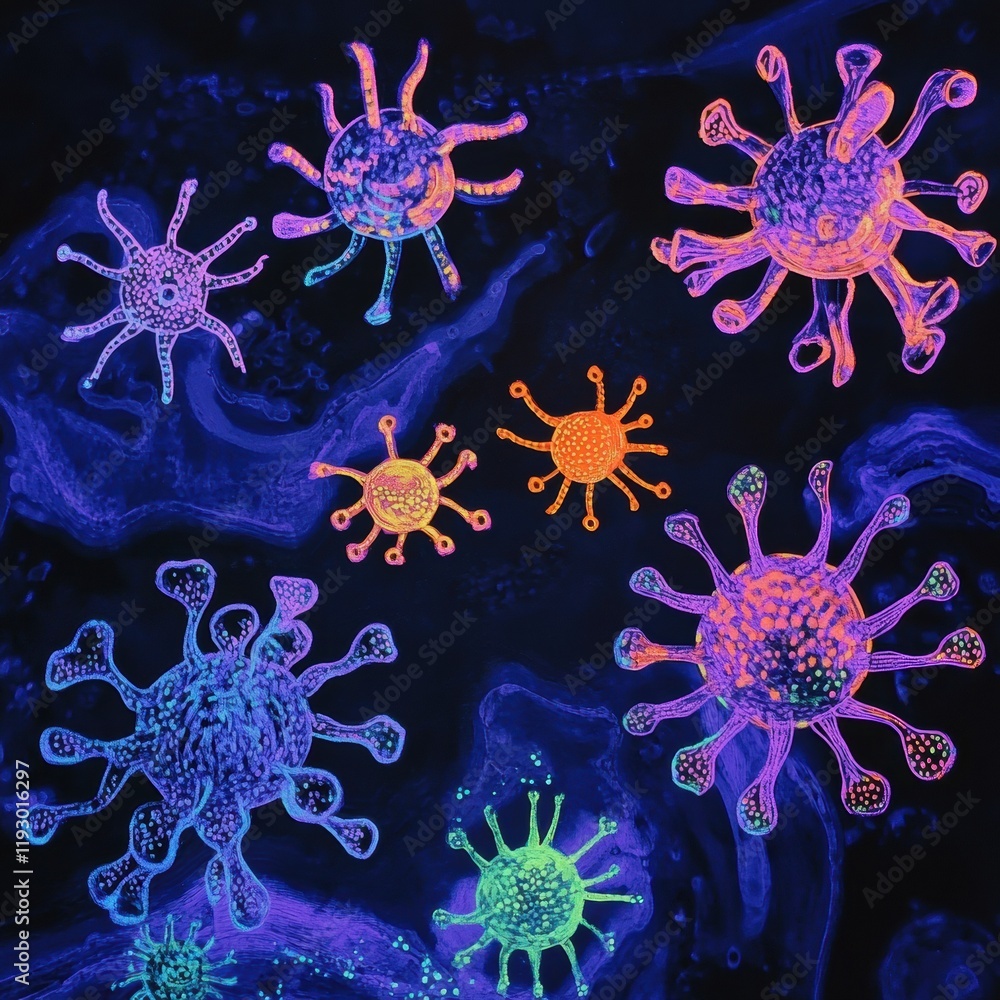 Poster colorful magnification of viruses showcasing intricate structures and unique shapes in a scientific 