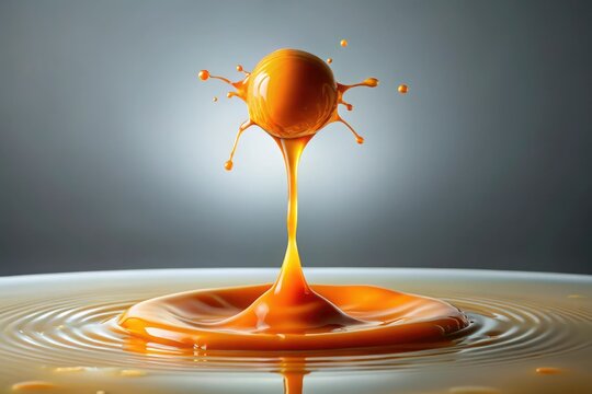 A solitary orange drop, suspended in mid-air, surrounded by a halo of sticky, dripping slime, illumination, envelop, encompass, orb, drop