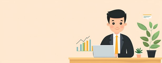 Illustration flat art pastel cartoon of business, Young Professional Working at a Desk in Soft Colors