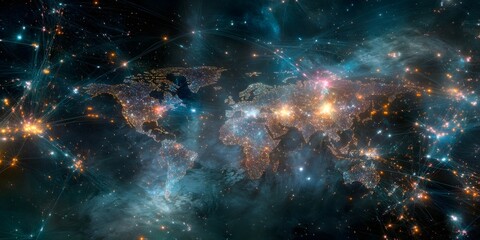 Obraz premium Abstract world map made of glowing lines and nodes resembling a digital network.