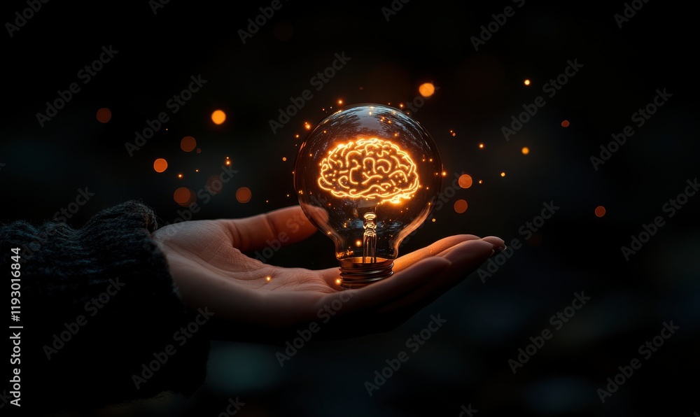 Poster glowing light bulb representing brain concept symbolizing creativity and innovation held in hand aga